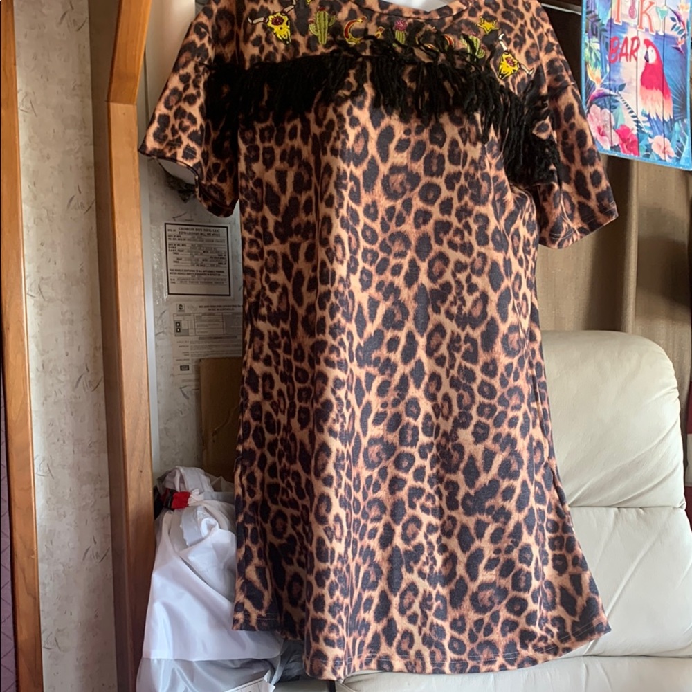 Tan and Brown Leopard Print A-Line Dress with Crew Neck